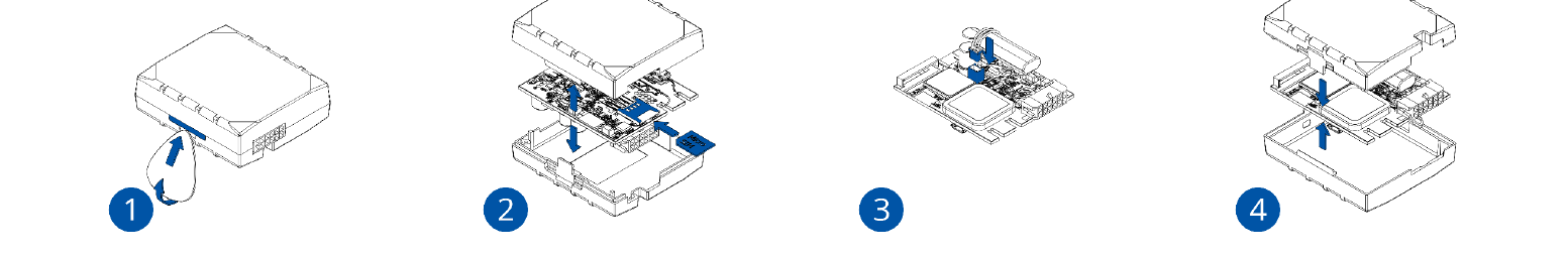 diMag DM13-4G setup: remove the covers, insert the Micro-SIM card, connect the battery, close the covers