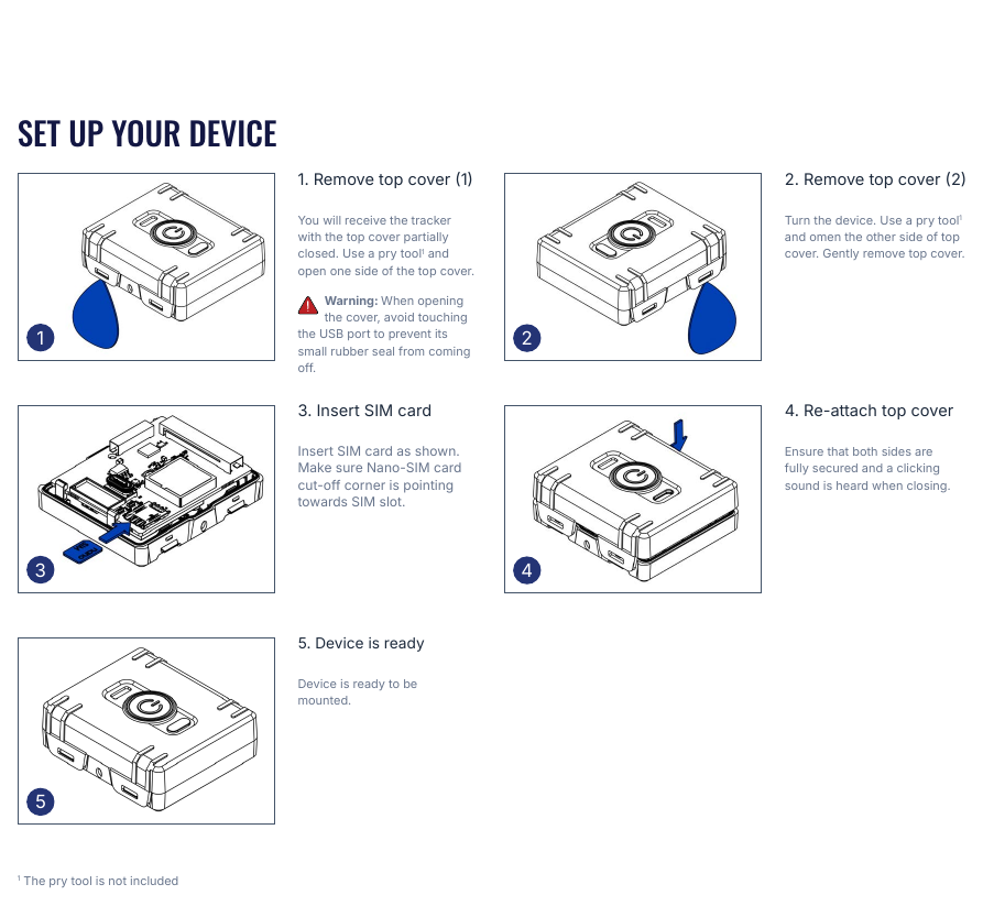 diMag UNI70-4G setup steps: open cover, insert SIM, re-attach cover